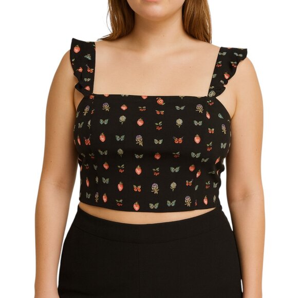 Paige Naya Crop Top Black Fruit Print Smocked Ruffle Sleeve Large - Picture 1 of 9